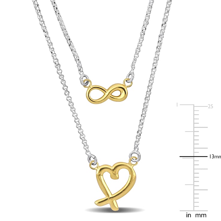Infinity and Heart Charm Double Strand Necklace in 2-Tone Sterling Silver