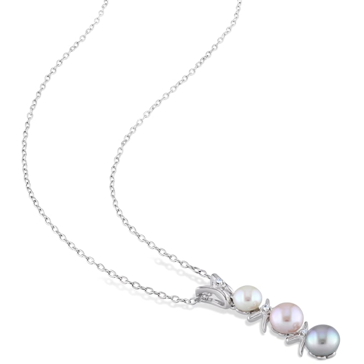 4.5-5.5MM Multi-color Freshwater Cultured Pearl & Diamond Earrings
& Pendant Set in Sterling Silver