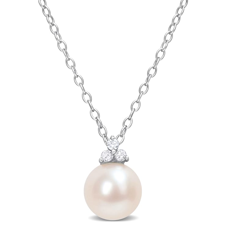 8-8.5MM Freshwater Cultured Pearl and Diamond Accent Pendant with Chain
in Sterling Silver