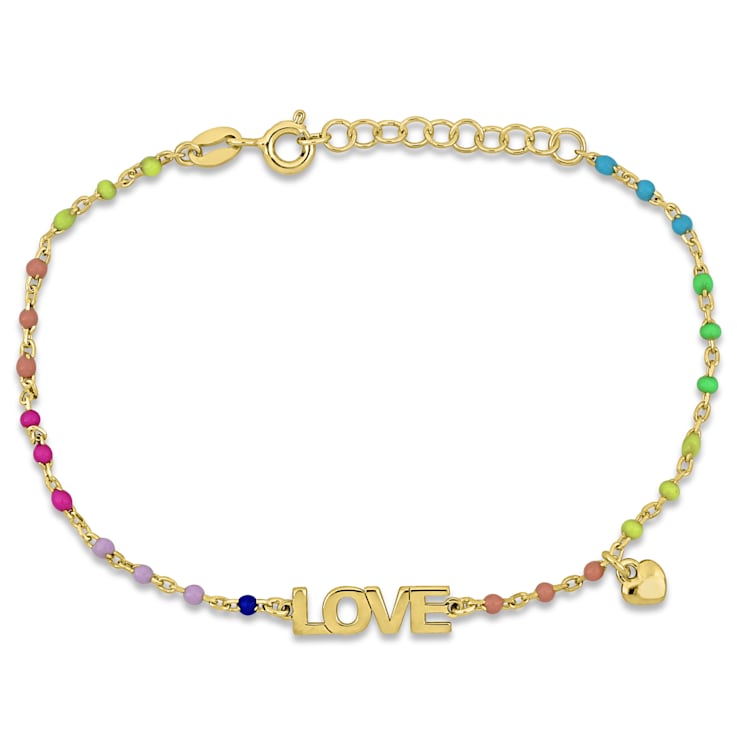 Love and Heart Charm Bracelet in Yellow Plated Sterling Silver