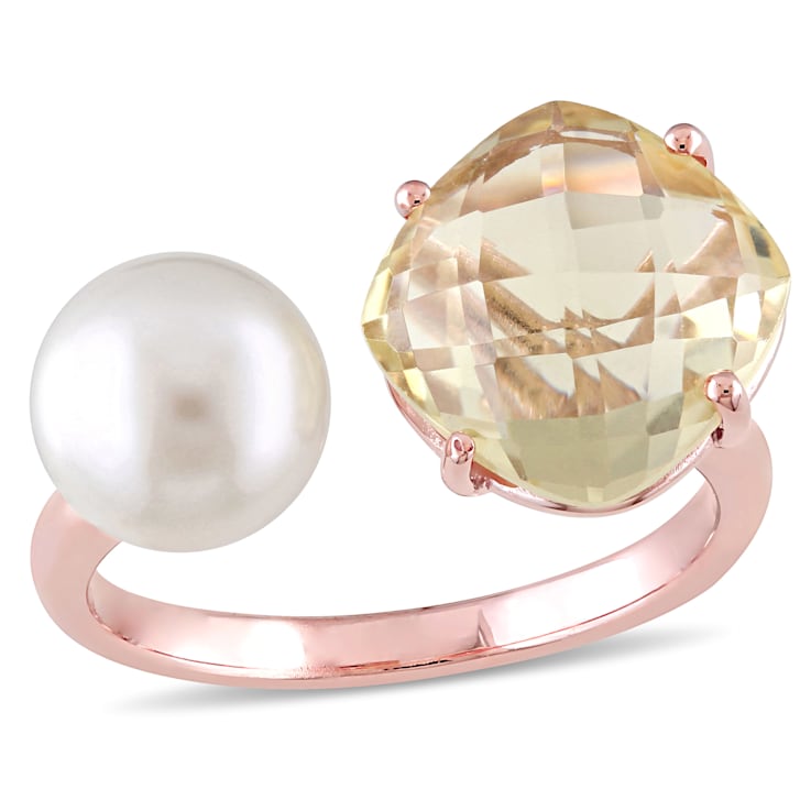 8 8.5MM Freshwater Cultured Pearl and Lemon Quartz Ring in Rose Plated
Sterling Silver