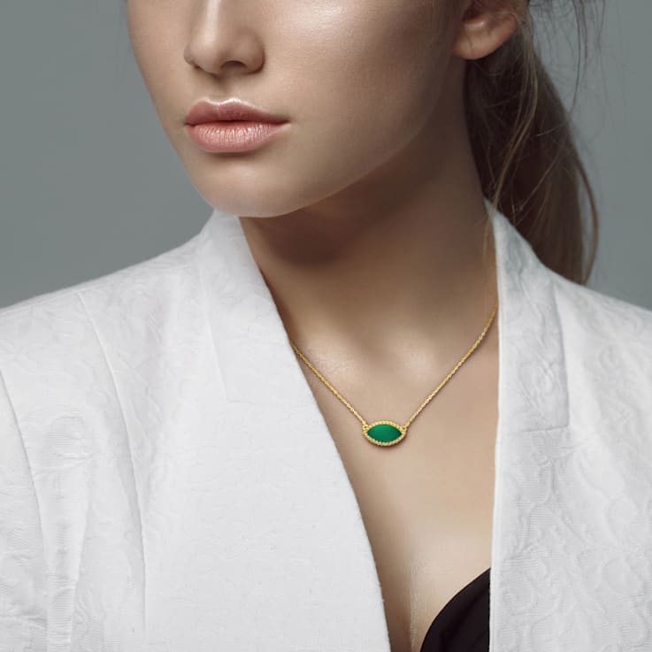 3 CT TGW Light Green Chalcedony Necklace with Beaded Halo in Yellow
Plated Sterling Silver