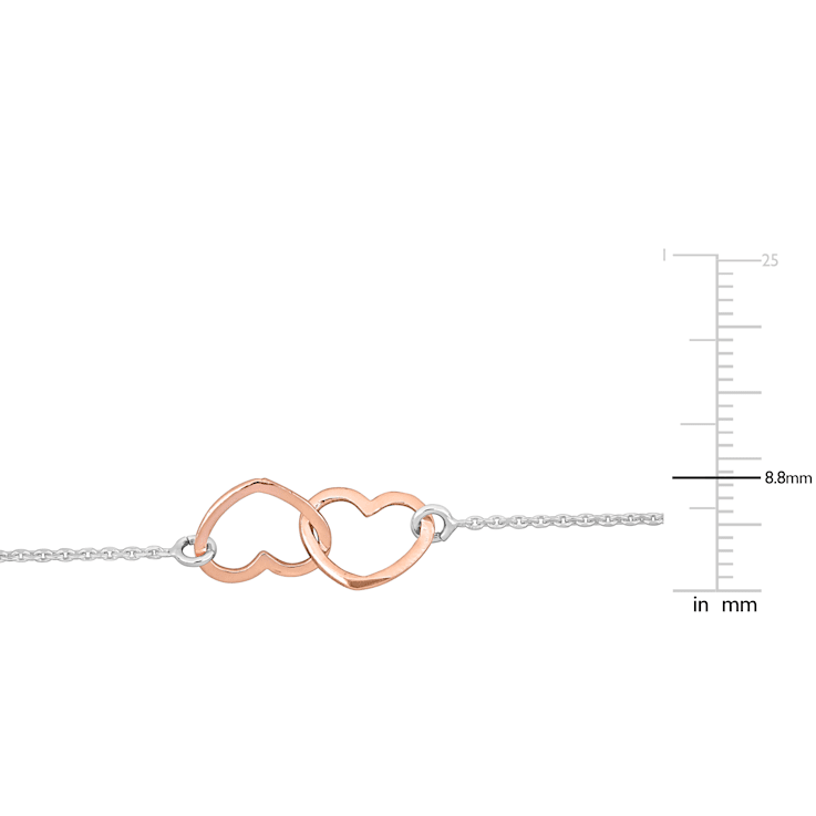 Double Heart Charm Chain Bracelet in 2-Tone White and Rose Plated
Sterling Silver