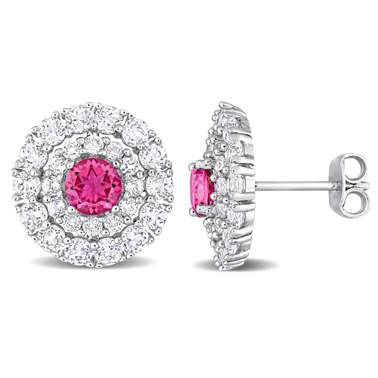 4 3/8 CT TGW Pink and White Topaz Double Halo Stud Earrings in Sterling Silver
