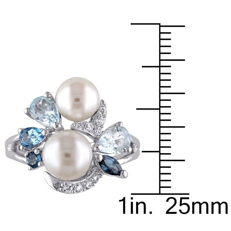 6.5-8MM Freshwater Cultured Pearl and Multi Gem Cluster Ring in Sterling Silver