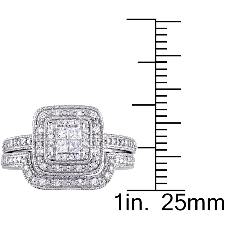 1/3 CT TW Princess Cut Quad and Round Diamond Bridal Set in Sterling Silver