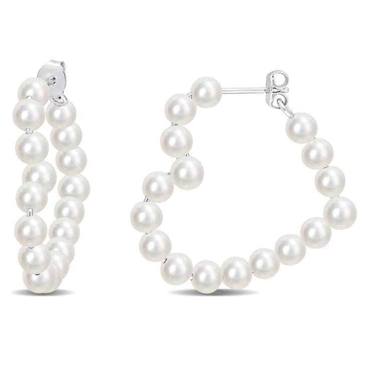 4-4.5MM Freshwater Cultured Pearl Open Heart Hoop Earrings in Sterling Silver