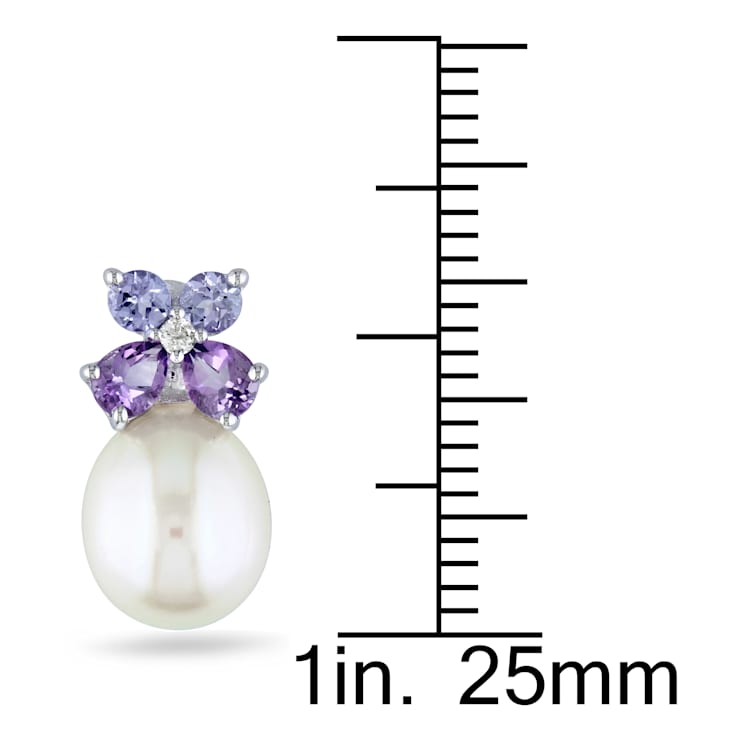 8-8.5MM White Cultured Pearl, Diamond, Tanzanite and Amethyst Stud
Earrings in Sterling Silver