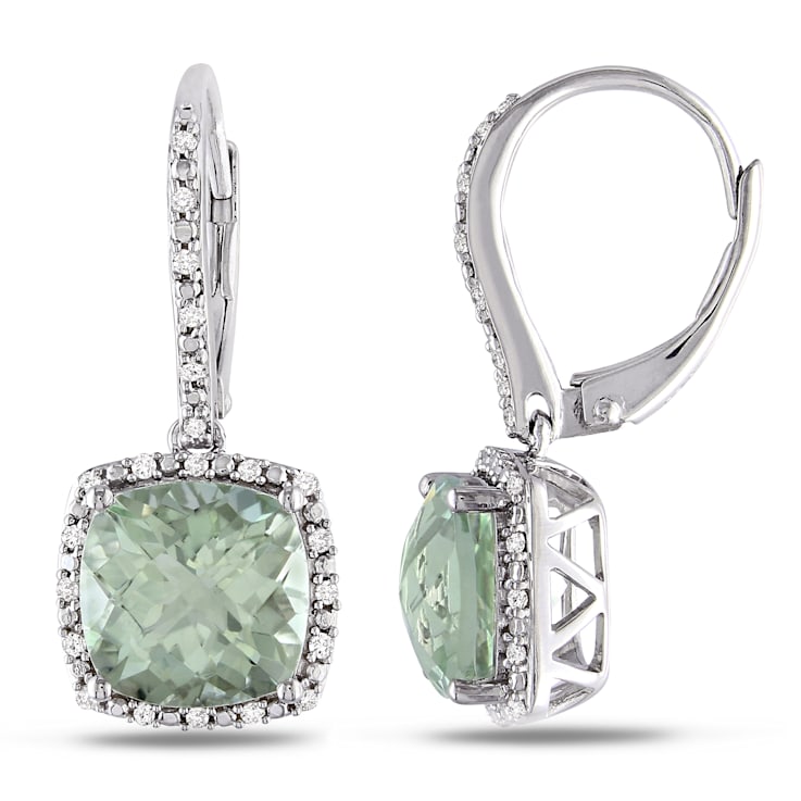 5 3/4 CT TGW Green Quartz and 1/5 CT TDW Diamond Halo Earrings in
Sterling Silver