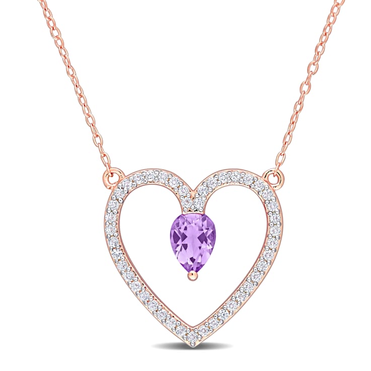 1 1/8 CT TGW Amethyst and White Topaz Open Heart Pendant with Chain in
Rose Plated Sterling Silver