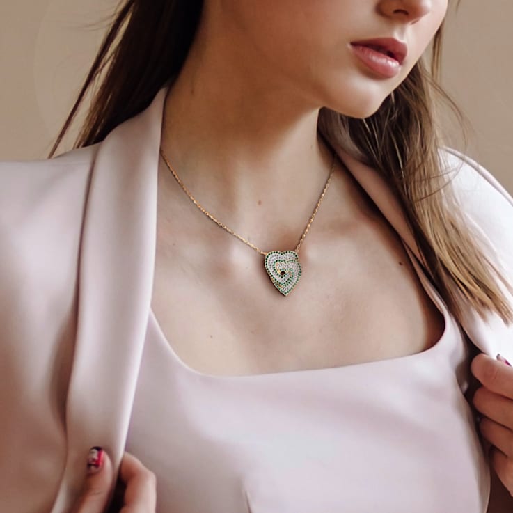 1 2/5 CT TGW Created White Sapphire and Created Emerald Interlocking
Hearts Pendant with Chain