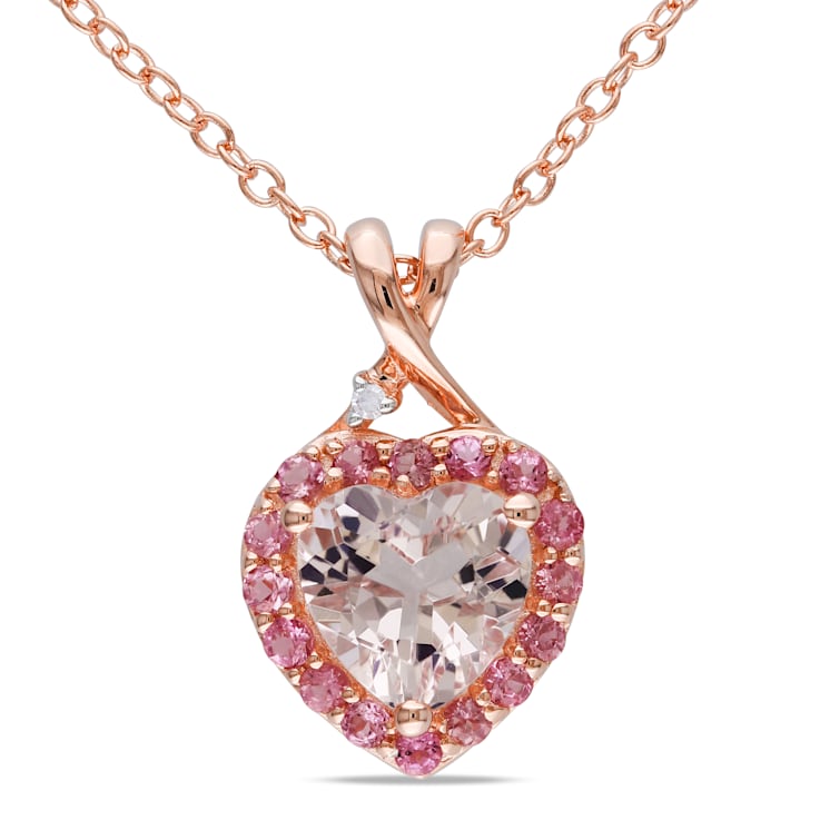 1.33 CTW Morganite, Pink Tourmaline and Diamond Heart Rose Plated
Sterling Silver Pendant with Chain