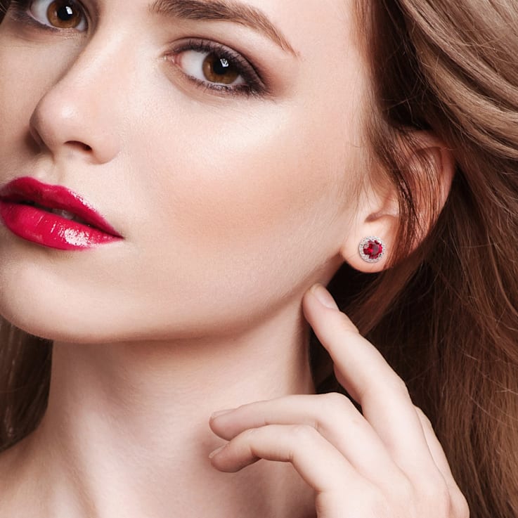 5 1/2 CT TGW Created Ruby and Created White Sapphire Circular Halo Stud
Earrings in Sterling Silver