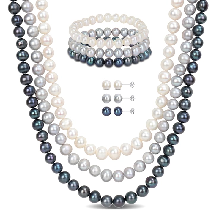 7.5-8MM Multi-Color Freshwater Cultured Pearls Necklace, Bracelet &
Earrings Set in Sterling Silver