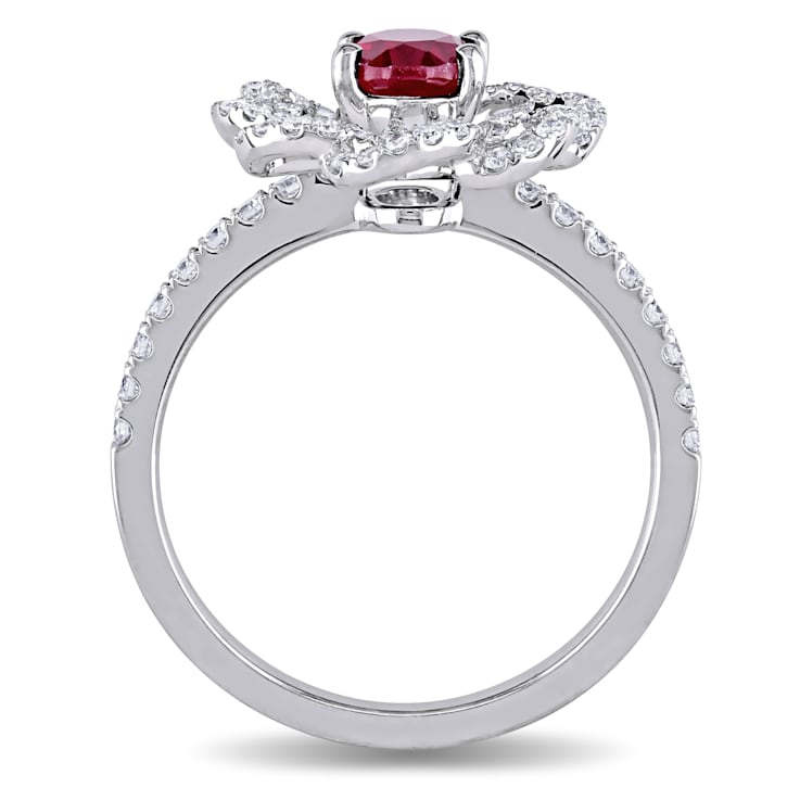 1 CT TGW Ruby and 5/8 CT TW Diamonds Flower Ring in 14K White Gold