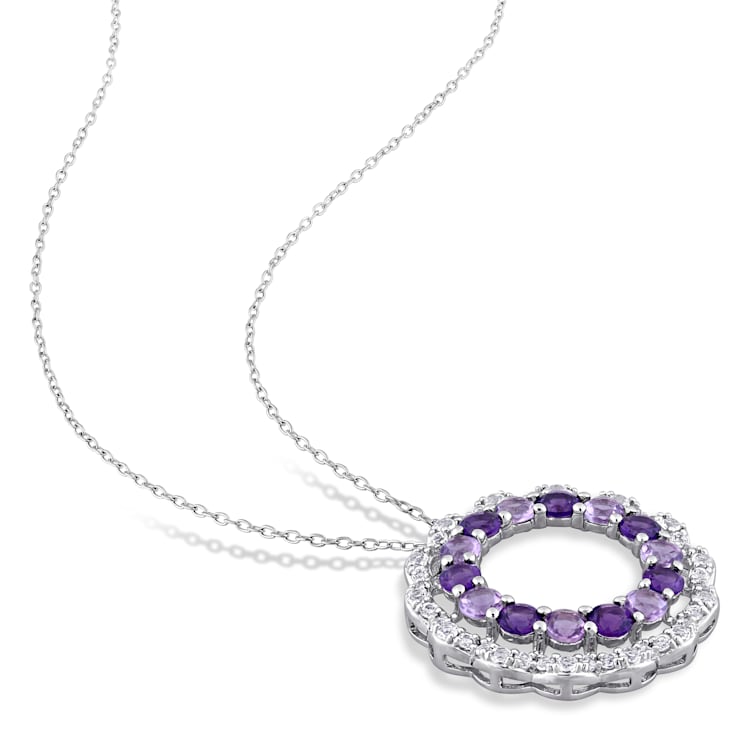 5.38 CTW Amethyst, African Amethyst and White Topaz Open Floral Halo
Sterling Silver Pendant w/Chain