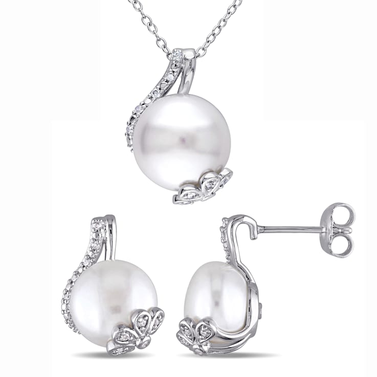 10-12.5MM Freshwater Cultured Pearl & Diamond Stud Earrings &
Pendant Set in Sterling Silver