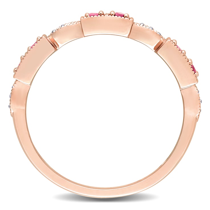 1/8 CT TGW Ruby and Diamond Accent Semi-Eternity Ring in 10K Rose Gold