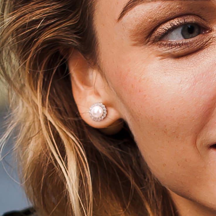 9.5-10MM Cultured Pearl and 1/3 CT TGW Created White Sapphire Halo Stud
Earrings in Sterling Silver