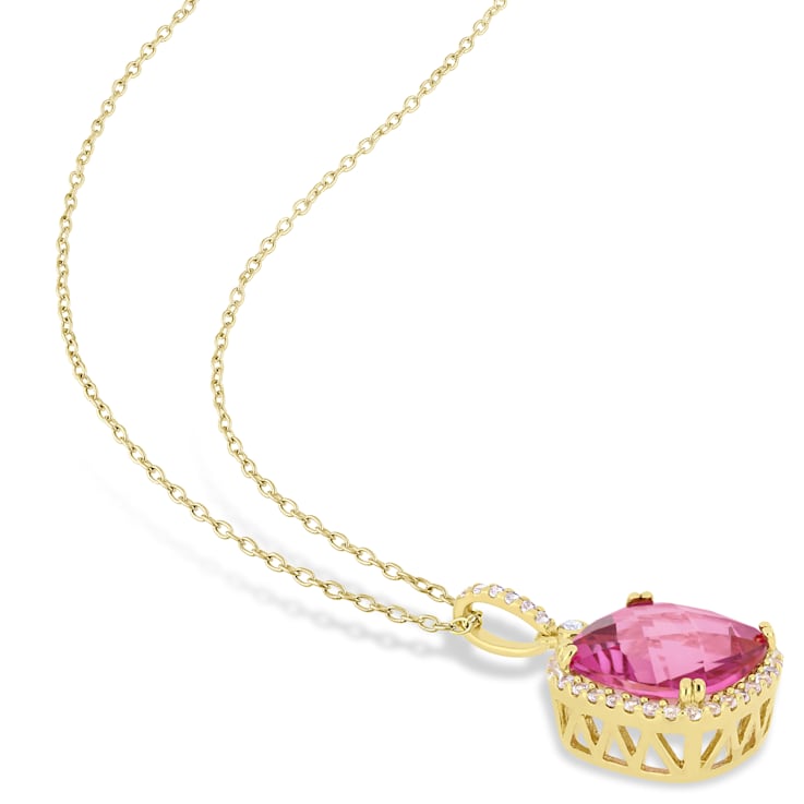 8 3/8 CT TGW Pink Topaz and White Sapphire Halo Pendant with Chain in
Yellow Plated Sterling Silver