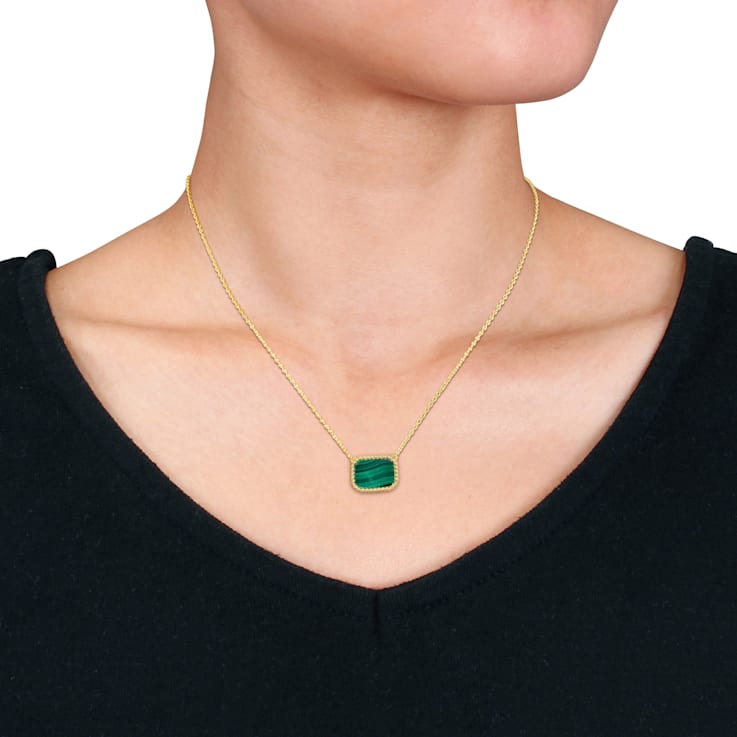 5 CT TGW Malachite Necklace with Beaded Halo in Yellow Plated Sterling  Silver