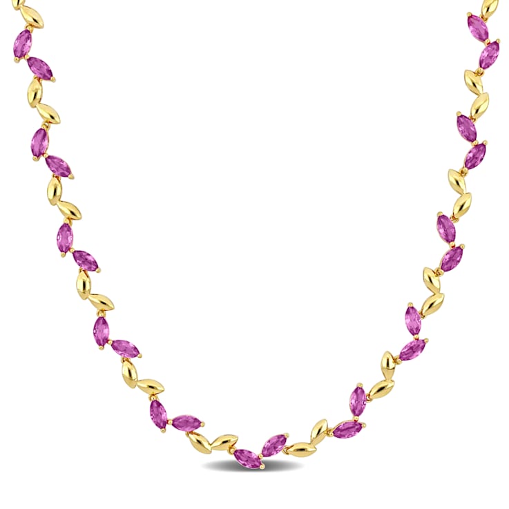 20 CT TGW Created Pink Sapphire Alternate Leaf Necklace in Yellow Plated
Sterling Silver