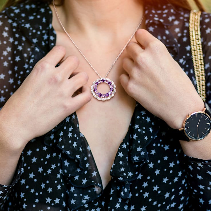 5.38 CTW Amethyst, African Amethyst and White Topaz Open Floral Halo
Sterling Silver Pendant w/Chain