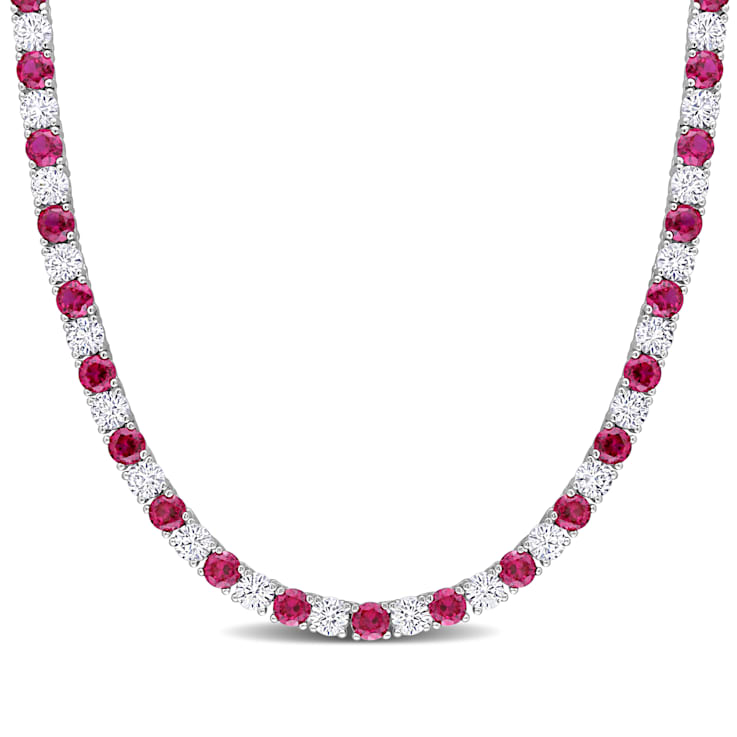 33 CT TGW Created Ruby and Created White Sapphire Tennis Necklace in
Sterling Silver