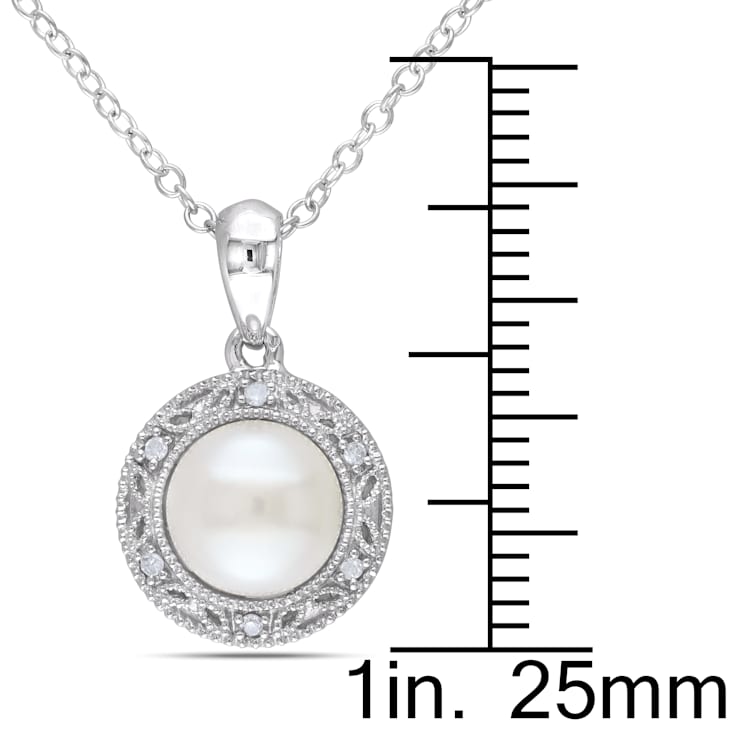 7.5-8MM Freshwater Cultured Pearl and Diamond Filigree Pendant with
Chain in Sterling Silver