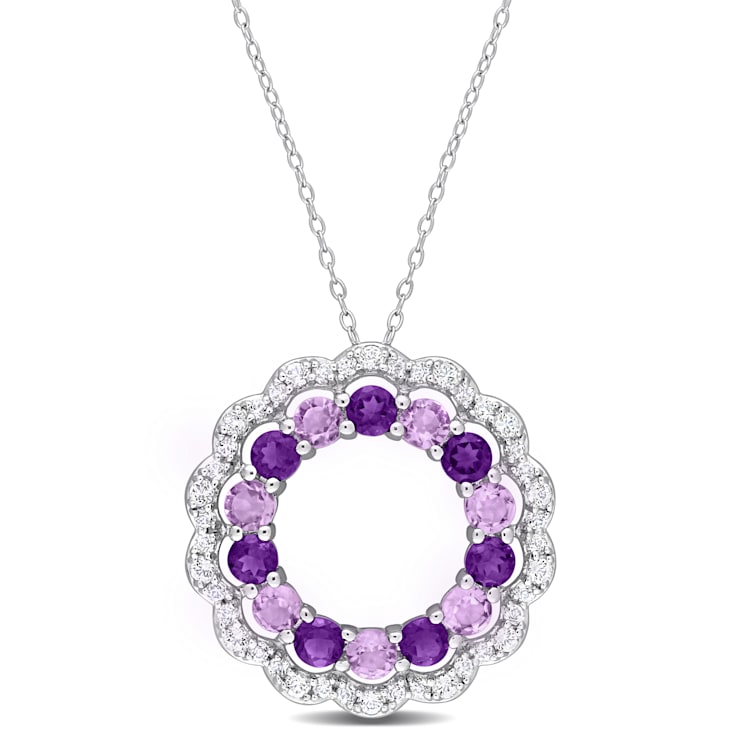 5.38 CTW Amethyst, African Amethyst and White Topaz Open Floral Halo
Sterling Silver Pendant w/Chain