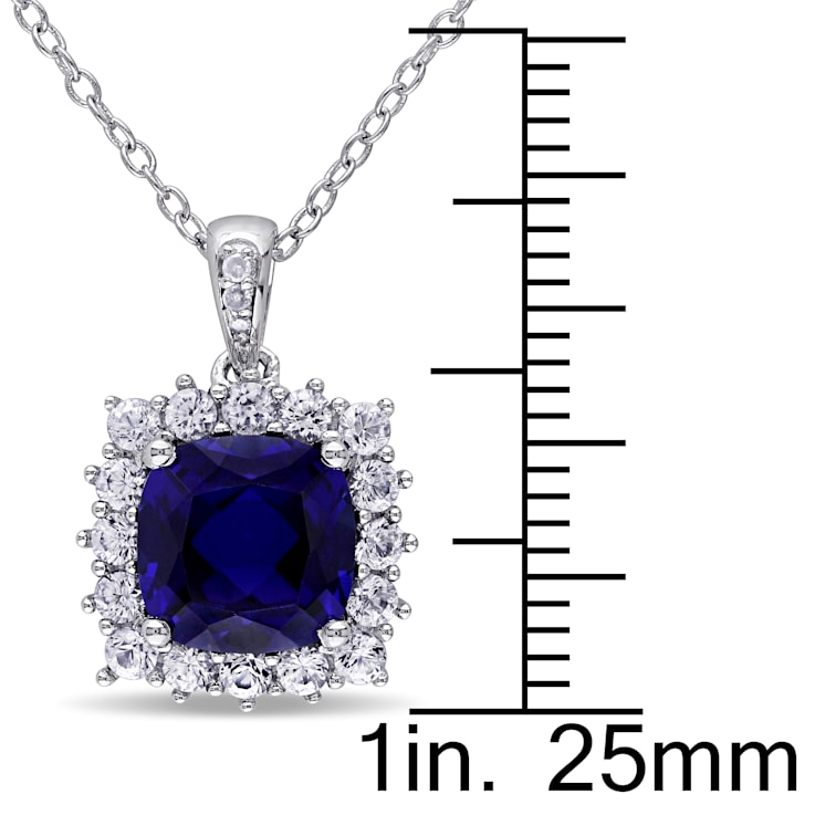3 3/5 CT TGW Created Blue, White Sapphire with Diamond Accent Pendant
with Chain in Sterling Silver