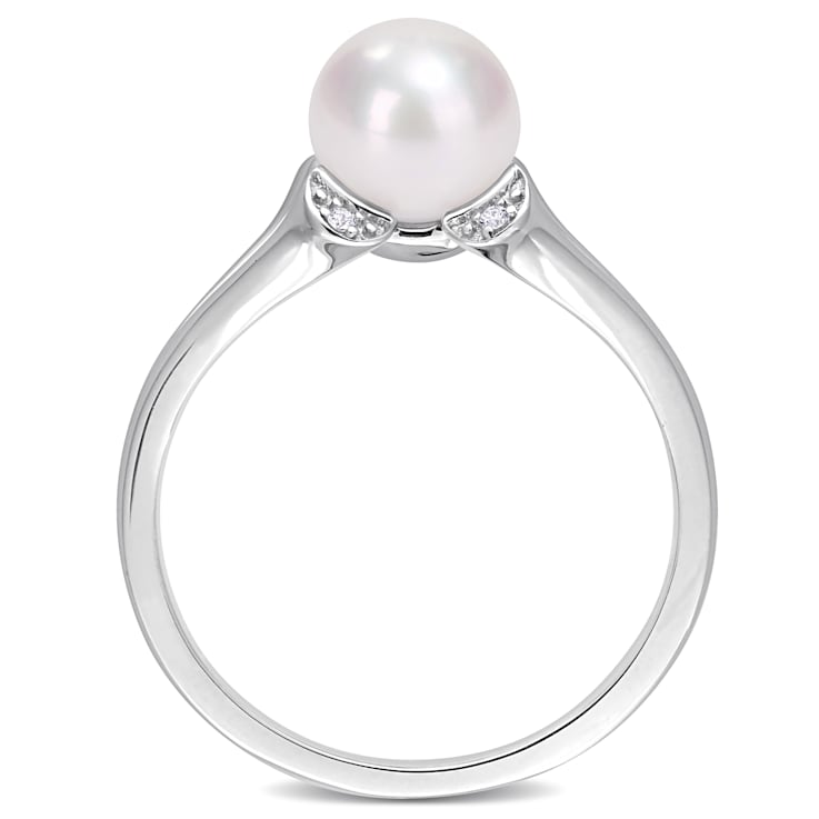 7-7.5MM Freshwater Cultured Pearl and Created White Sapphire Split-Shank
Ring in Sterling Silver