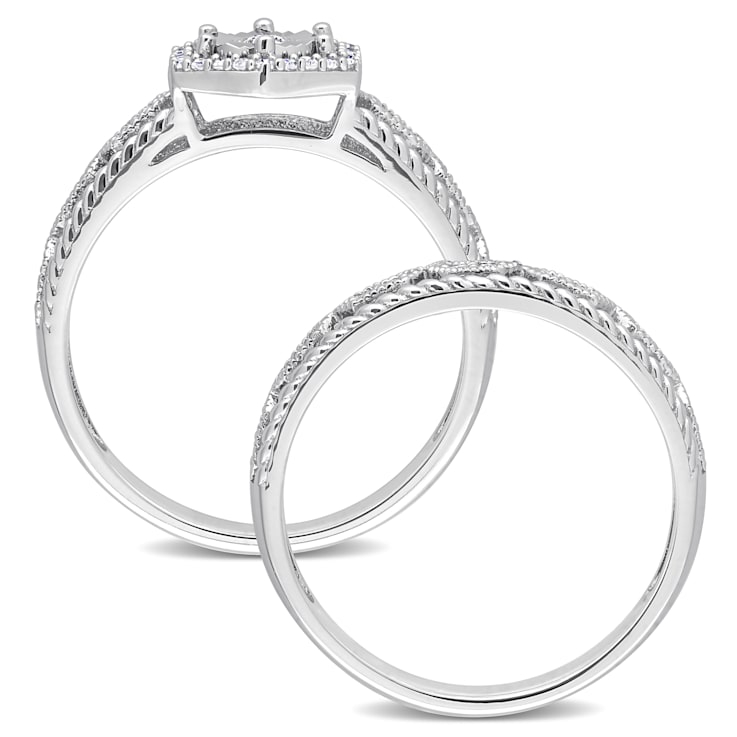 1/4 CT TW Diamond Hexagon Halo Bridal Ring Set in Sterling Silver