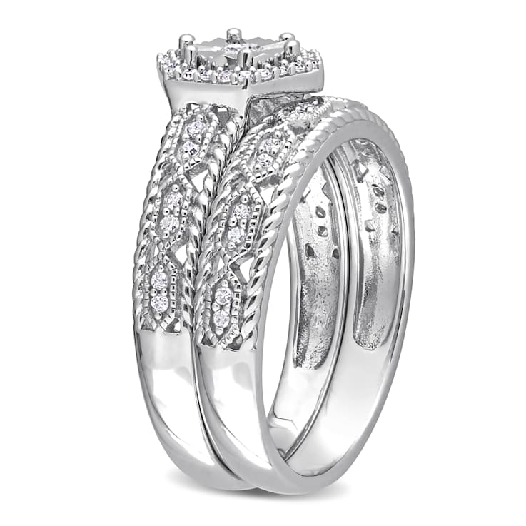 1/4 CT TW Diamond Hexagon Halo Bridal Ring Set in Sterling Silver