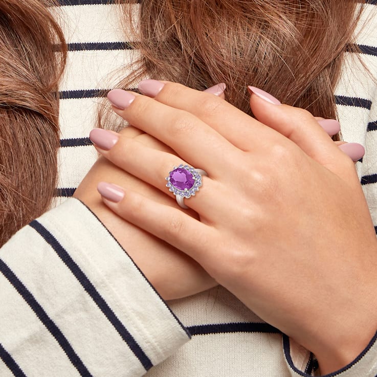 5 7/8 CT TGW Amethyst and Tanzanite Halo Cocktail Ring in Sterling Silver