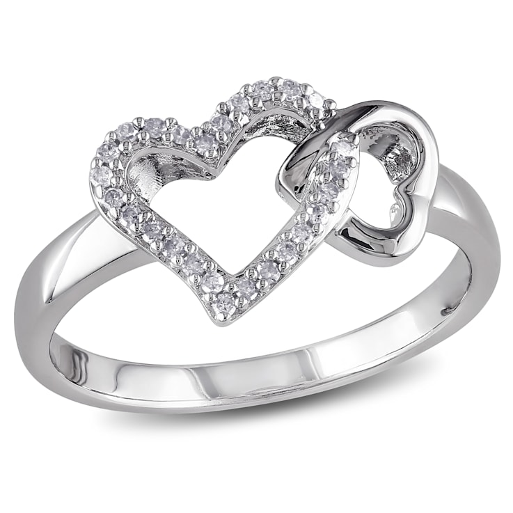1/10 CT TW Diamond Double Heart Interlocked Ring in Sterling Silver