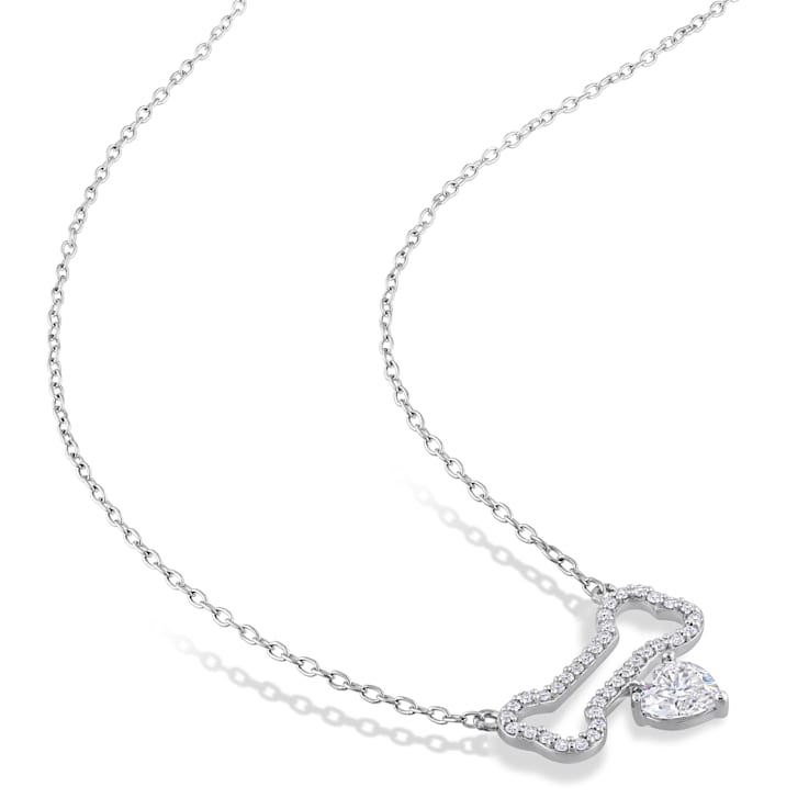 3/4 CT DEW Created Moissanite Dog Bone with Hanging Heart Necklace in
Sterling Silver
