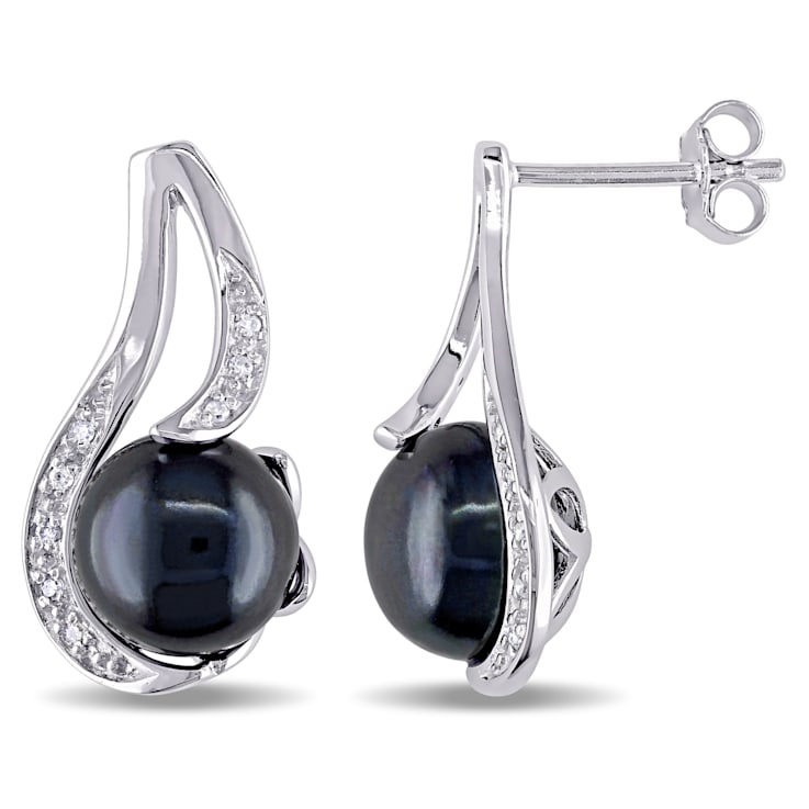 9-9.5 MM Black Freshwater Cultured Pearl Earrings with Diamond Accent in
Sterling Silver
