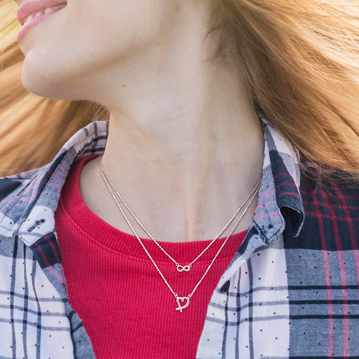 Infinity and Heart Charm Double Strand Necklace in Sterling Silver