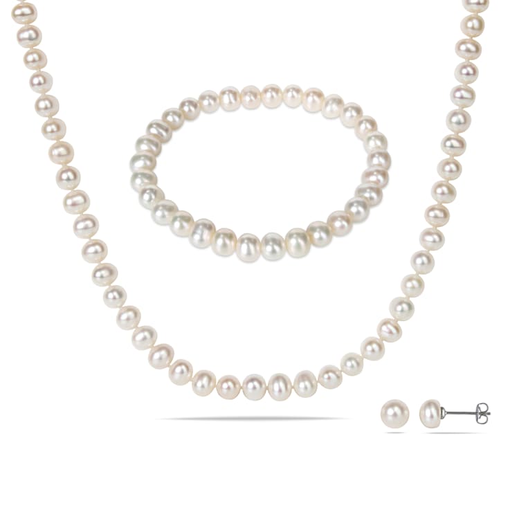 6-7MM Freshwater Cultured Pearl Bracelet, Necklace, and Earrings Set in Brass