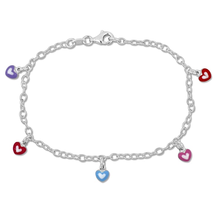 Multi-Color Enamel Heart Charm Bracelet in Sterling Silver