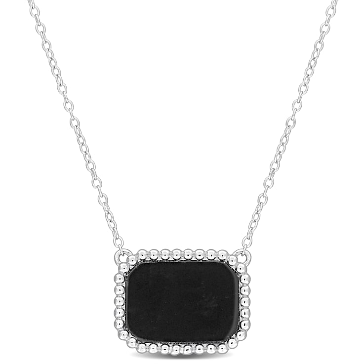 5 CT TGW Black Agate Necklace with Beaded Halo in Sterling Silver