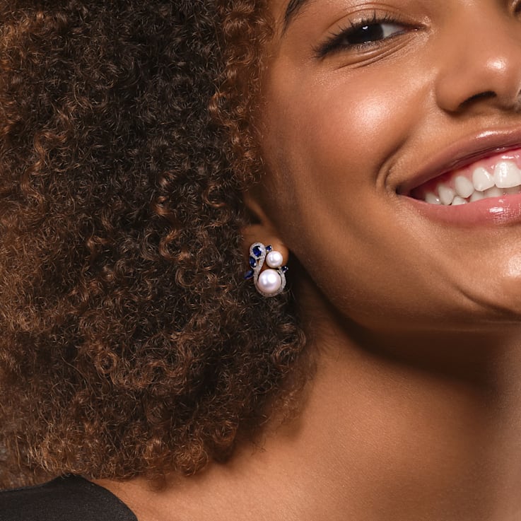 Freshwater Pearl, 1 1/10 CT TGW Created Sapphire, 1/3 CT TW Diamond
Earrings in 10K White Gold