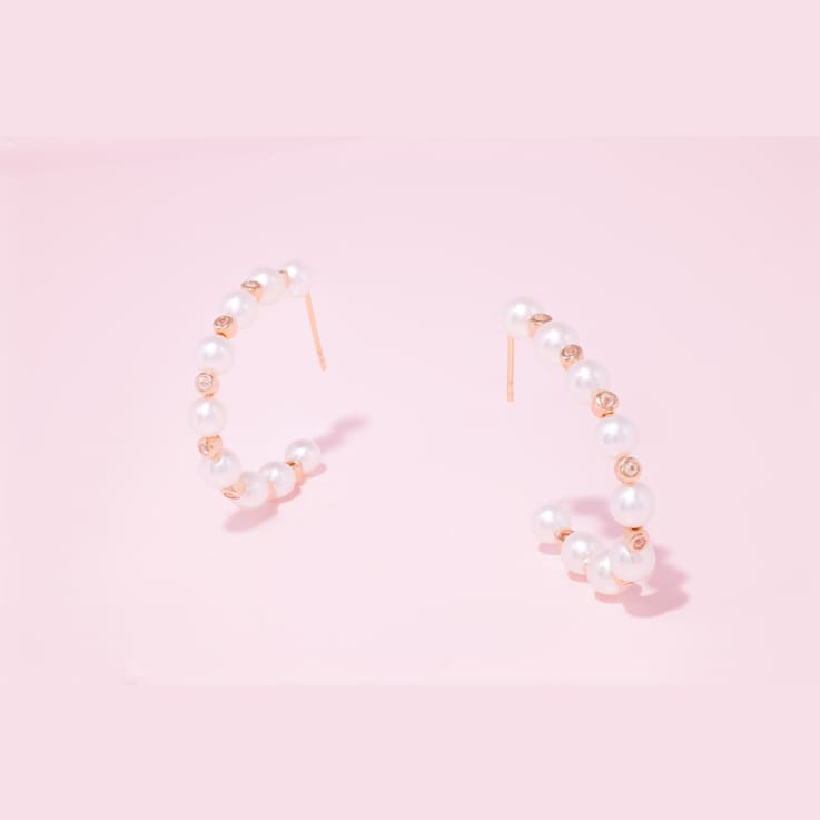 4.5-5MM Cultured Pearl and White Topaz Hoop Earrings in 14K Yellow Gold
Over Sterling Silver