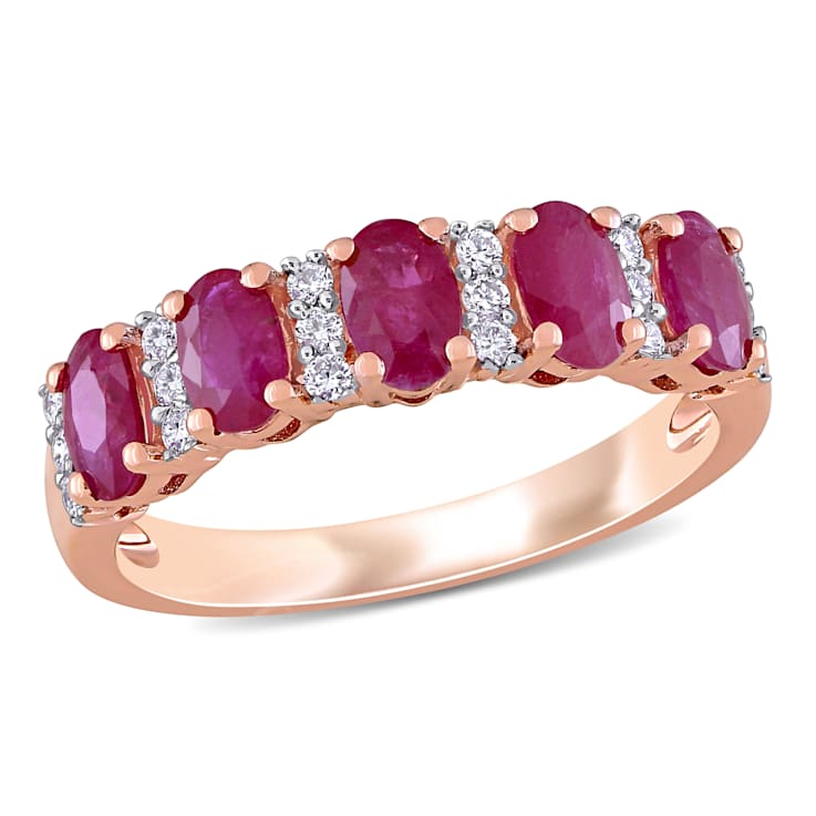 1 3/8 CT TGW Ruby and 1/6 CT TW Diamond Semi Eternity Ring in 14K Rose Gold