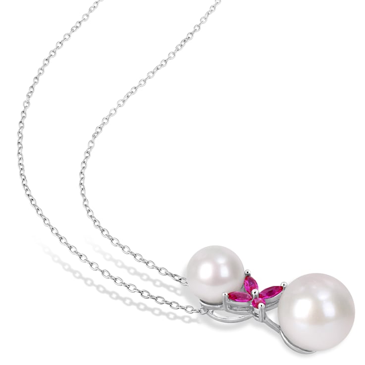 8.5-12MM Freshwater Cultured Pearl and 1/2 CT TGW Created Ruby Pendant
with Chain in Sterling Silver