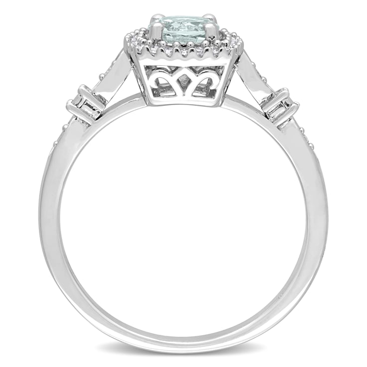 3/8 CT TGW Aquamarine and 1/10 CT TW Diamond Halo Ring in Sterling Silver