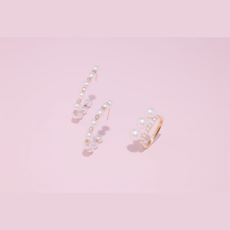 4.5-5MM Cultured Pearl and White Topaz Hoop Earrings in 14K Yellow Gold
Over Sterling Silver