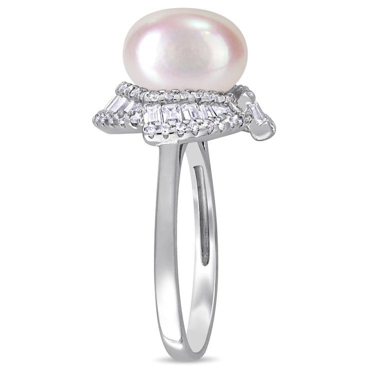 10.5 0 11MM Freshwater Cultured Pearl and 1 1/10 Cubic Zirconia
Geometric Ring in Sterling Silver