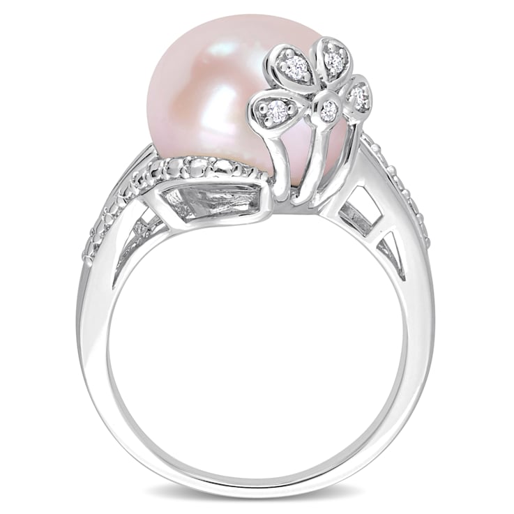 12-12.5MM Pink Freshwater Cultured Pearl and Diamond Flower Split-Shank
Ring in Sterling Silver